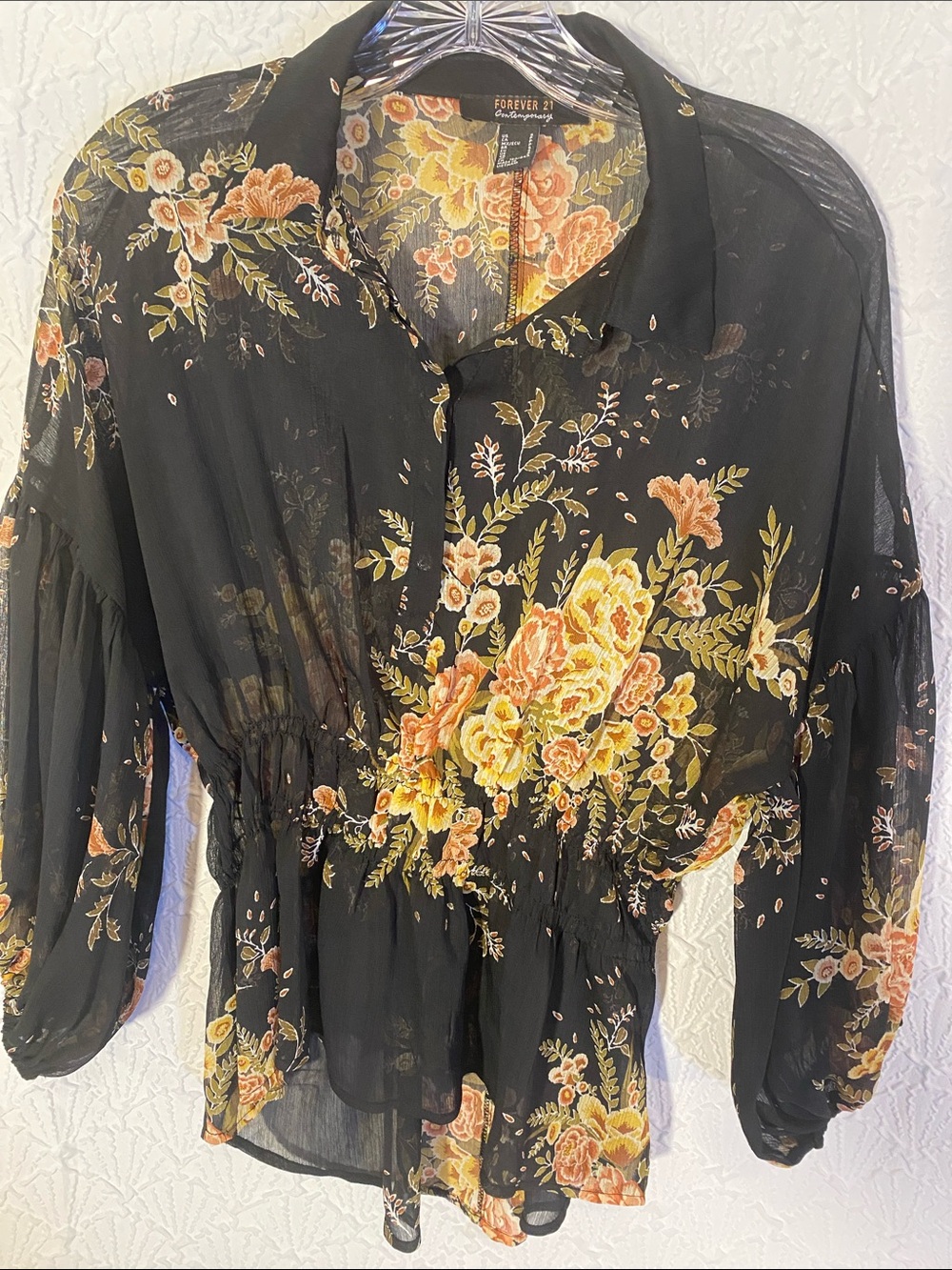 Forever 21 Black Floral Peplum Blouse - Yellow & Peach Blooms Sheer. Ethereal